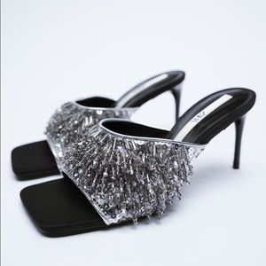 Zara SPARKLY HEELED Black Beaded Silver Fringed SANDALS sz.6.5